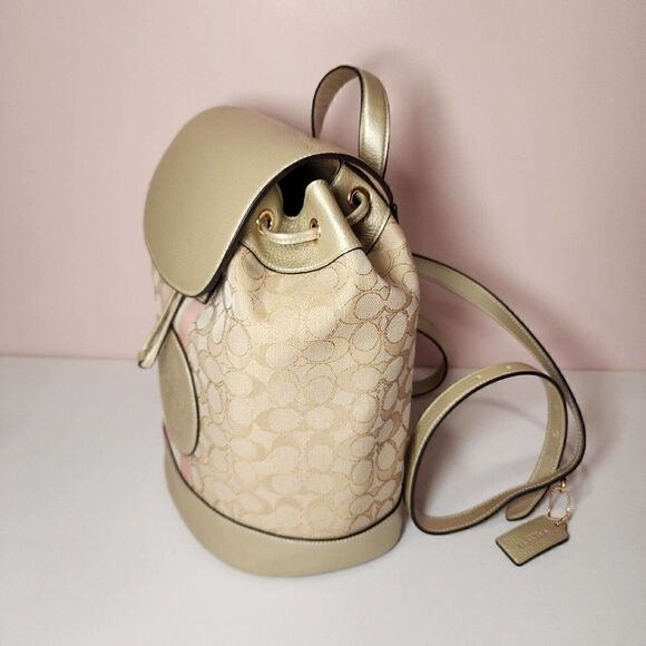 NWT Coach CF386 Dempsey Drawstring Backpack Jacquard Metallic Soft Gold - Picture 3 of 9